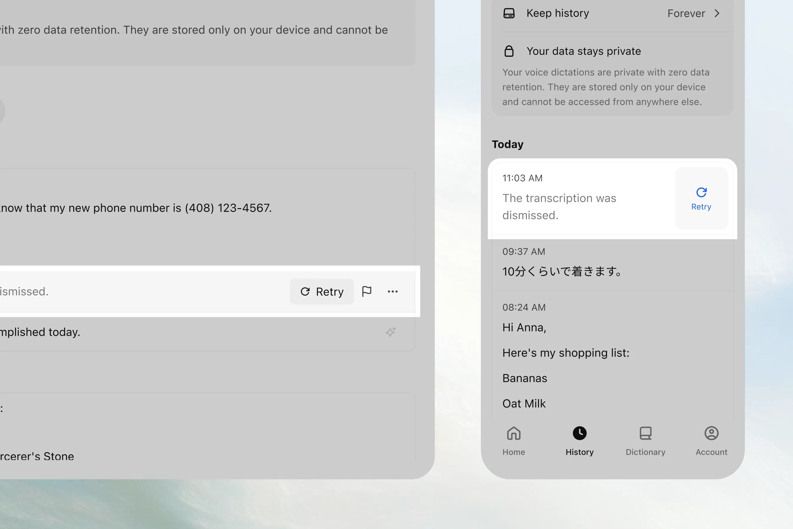 Retry a transcript from History