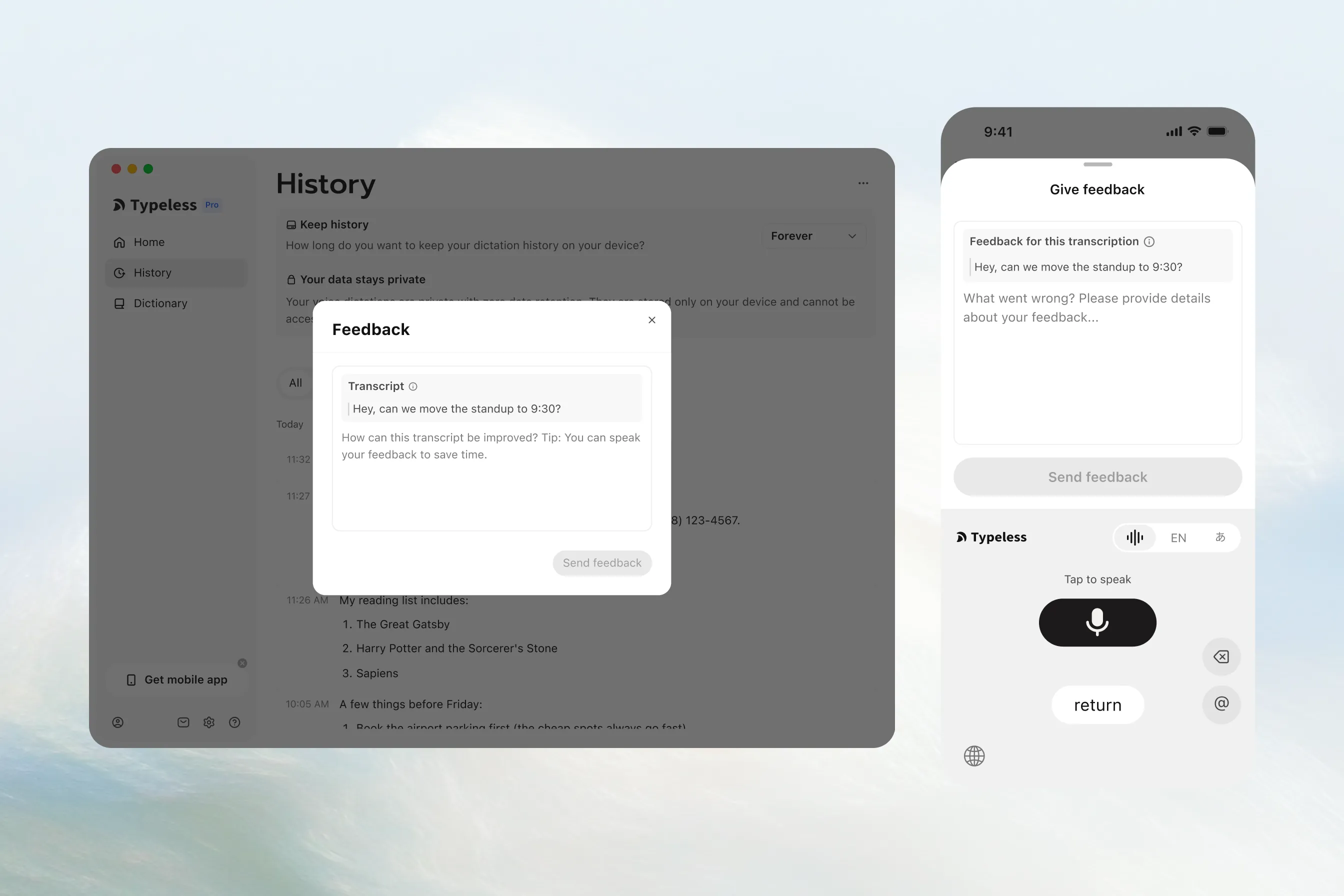 Submit feedback from History
