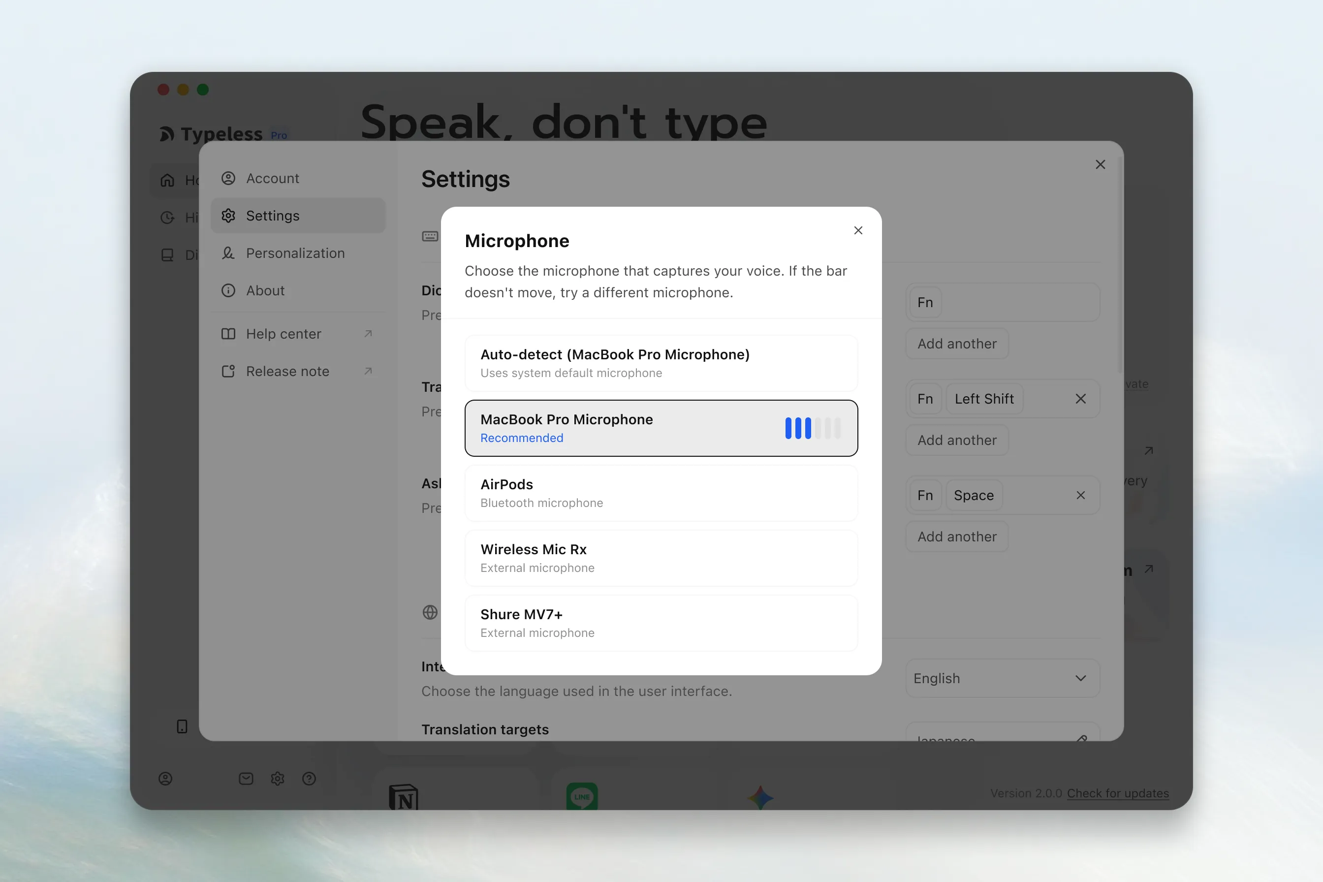 Select a microphone on desktop